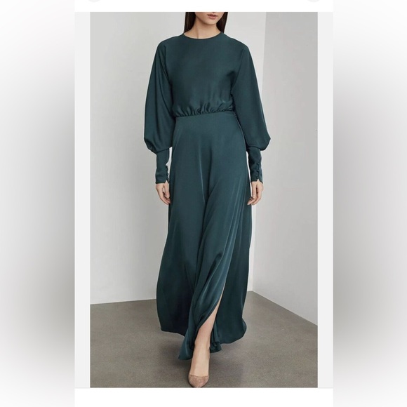 BCBGMAXAZRIA Satin Draped Back Maxi Dress In Light Carbon Blue Size 4 $428 NWOT - Picture 2 of 11
